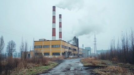 Obraz premium Exploring the industrial landscape a gloomy yet intriguing view of a smoke-stacked factory in a foggy environment