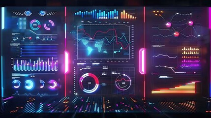 Obraz premium Futuristic data visualization dashboard displaying graphs, charts, and statistics.