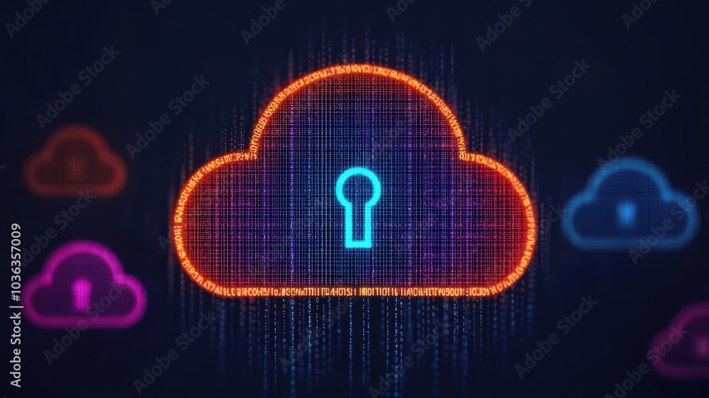 Poster cloud infrastructure surrounded by encrypted data streams and security shields, glowing lines, priva