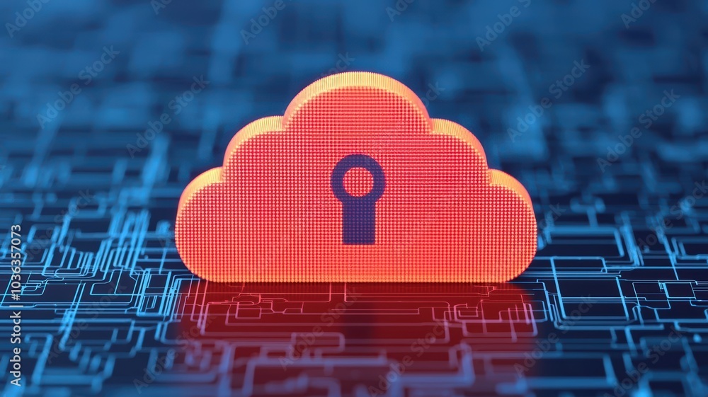 Poster cloud infrastructure surrounded by encrypted data streams and security shields, glowing lines, priva