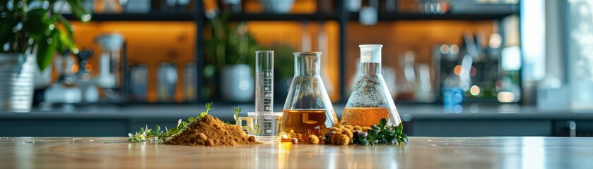 Chemical flasks with herbs on wooden table, laboratory background.