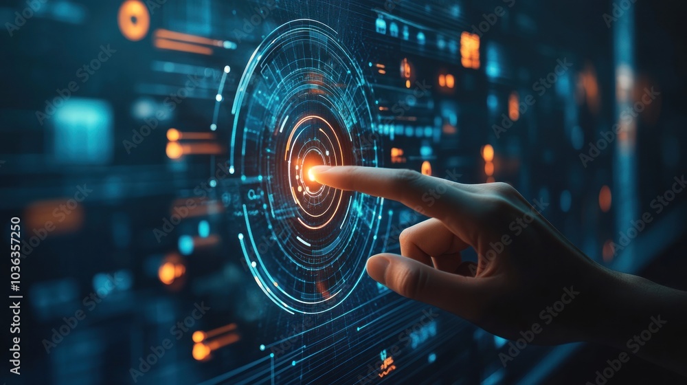 Poster hand touching complex circular diagram on virtual screen with technology abstract background,