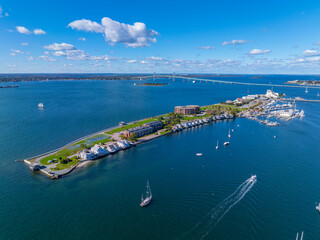 Goat Island aerial view including Goat Island Marina and Newport Harbor Island Resort with...