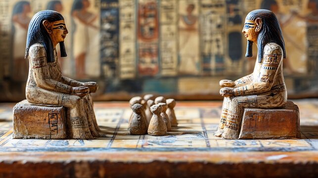 Ancient Egyptian Game of Senet with Carved Statues.