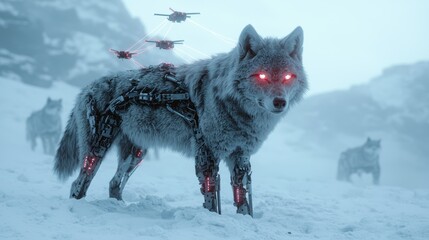 Obraz premium futuristic robotic wolf in snowy landscape