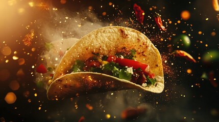 Mexican tacos flying in the air exploding with flavour and bursting with fresh ingredients