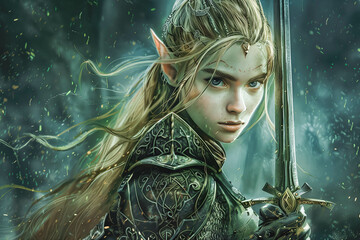 elven warrior digital art illustration. Fantasy concept.