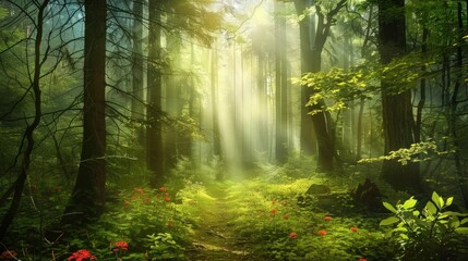 Obraz premium Sunbeams Through a Misty Forest