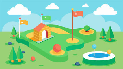 The community center set up a mini golf course providing a fun activity for families and individuals to enjoy.. Vector illustration