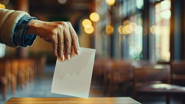A person drops a ballot into a wooden box at a polling station, experiencing the civic duty of voting on a calm election day with warm, inviting lighting in the background.
