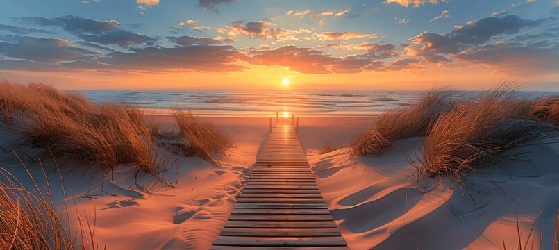Serene Beach Sunset with Wooden Boardwalk, Sand Dunes, and Waves