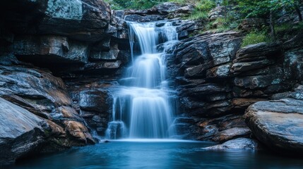 Obraz premium A serene waterfall cascading over rocks into a tranquil pool, surrounded by lush greenery.