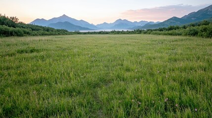Scenic mountain landscape with green meadow at sunset
