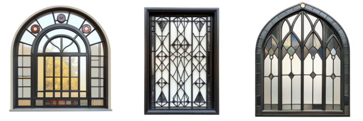 A classic Art Deco window with geometric metal frames and stained glass accents, isolated on a transparent background