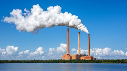 Obraz premium Industrial landscape featuring emission smoke stacks against a clear blue sky over water reflection