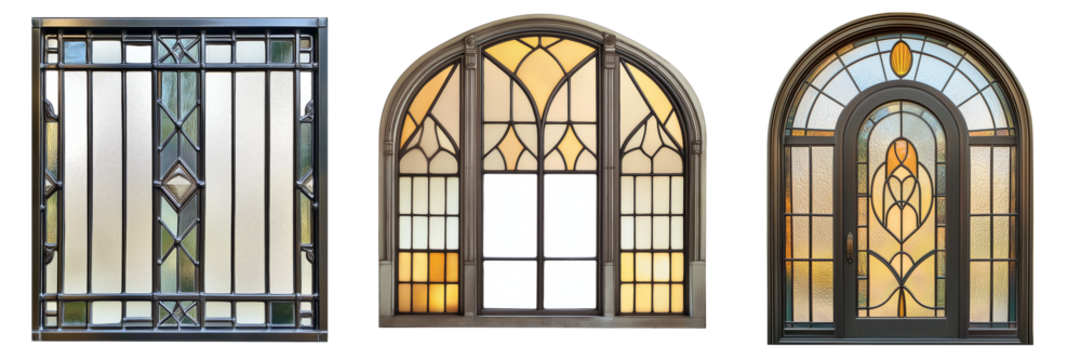 A classic Art Deco window with geometric metal frames and stained glass accents, isolated on a transparent background