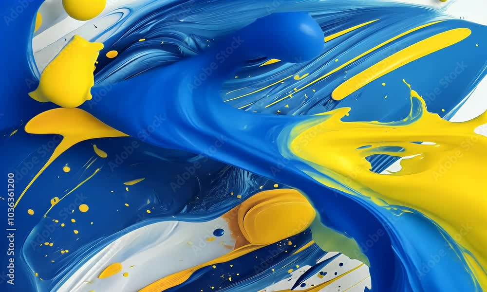 Poster blue and yellow background vector with abstract shapes, splashes of paint, and dynamic lines. abstra