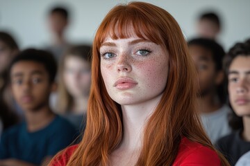 Obraz premium Thoughtful young woman with red hair and freckles