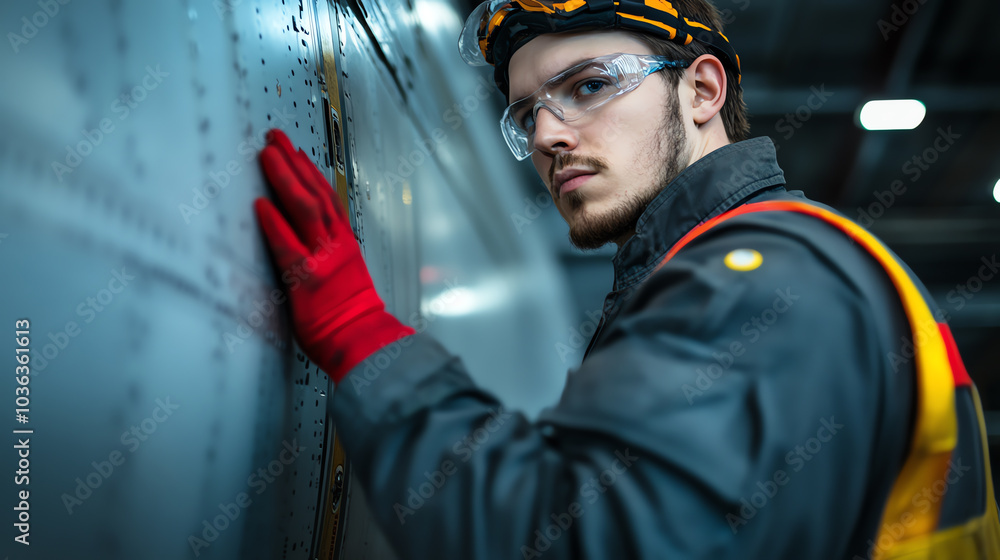 Wall mural a focused technician inspecting machinery with safety goggles and gloves, showcasing attention to de