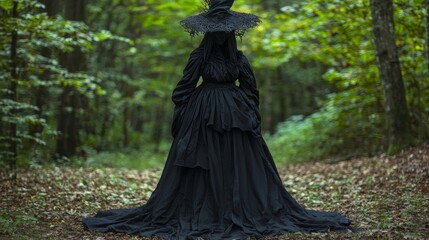Naklejka premium Enchanting Witch Costume and Makeup in Spooky Forest | Ultra-Detailed Halloween Look with Dark Gown, Elegant Hat, Mystical Symbols