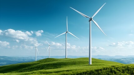 Wind Turbines on Scenic Rolling Hill Under Overcast Sky