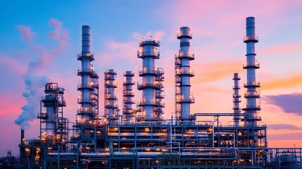 Obraz premium Illuminated Oil Refinery Towers at Vibrant Sunset with Rising Steam