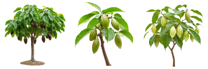 A cacao tree with broad, glossy green leaves and several hanging pods, isolated on a transparent background
