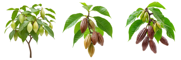 A cacao tree with broad, glossy green leaves and several hanging pods, isolated on a transparent background