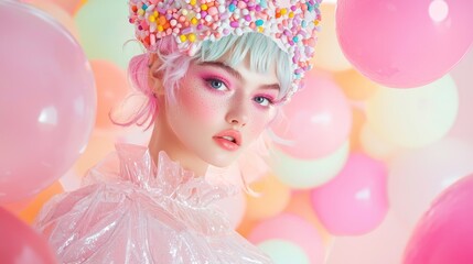 Fototapeta premium Whimsical Cupcake Costume with Colorful Frosting Outfit and Sprinkle Makeup in Dessert-themed Setting