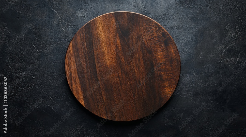 Wall mural a round wooden cutting board sits on a dark grey textured surface.