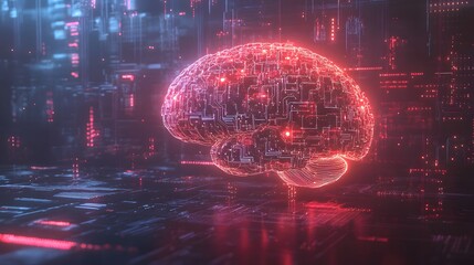 A glowing digital brain composed of circuit board patterns