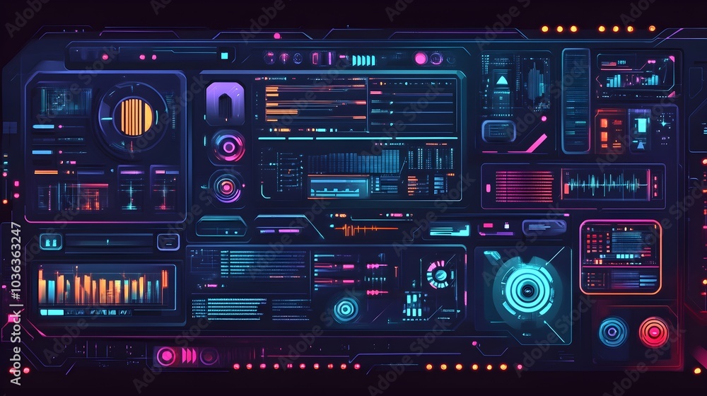 Poster futuristic tech interface with neon lights and data displays