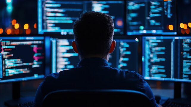 A man is sitting in front of a computer monitor with a dark background. He is focused on the screen, possibly working on a project or programming. Concept of concentration and dedication to his work
