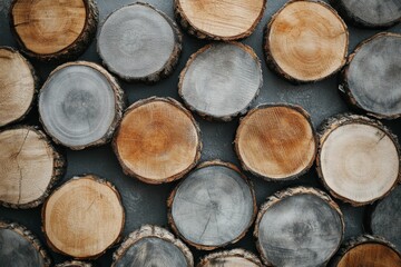 A collection of wooden tree slices arranged in a geometric pattern on a gray background.