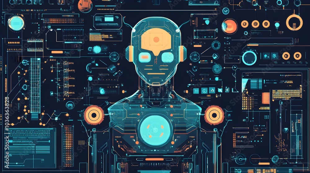 Poster futuristic digital interface with ai robot head