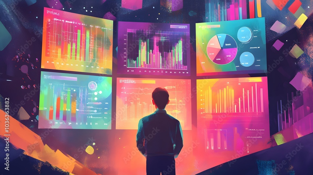 Poster man looking at data visualization on screens