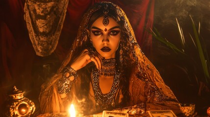 Fototapeta premium Mystical Fortune Teller Halloween Costume with Dramatic Makeup and Tarot Cards
