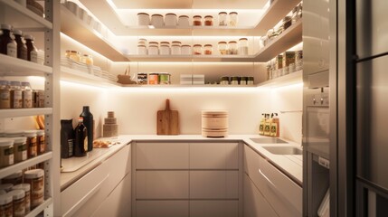 Minimalist pantry, soft lighting