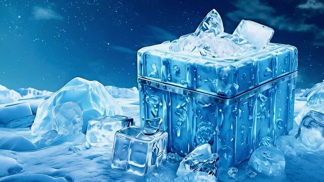 a blue ice cube box  and  a bottle  of vodka