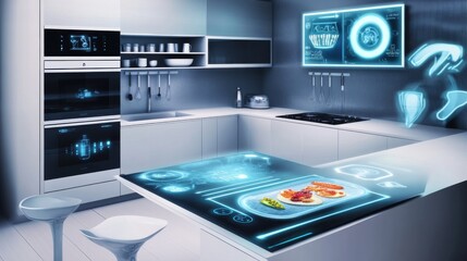 A futuristic smart kitchen with a countertop that displays interactive cooking tutorials and a built-in AI that suggests meal plans based on dietary preferences, Modern culinary technology theme