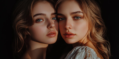 Two fashion models posing with neutral expression on black background