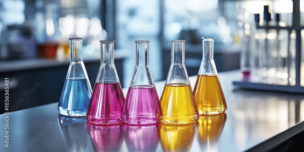 Poster laboratory glassware containing multicolored liquid sitting on table