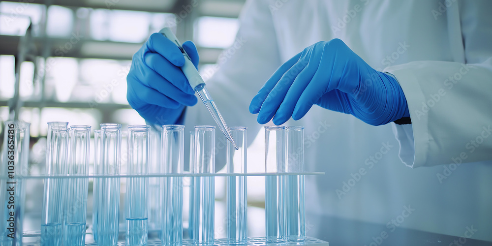 Poster scientist using pipette dropping liquid in test tube in laboratory