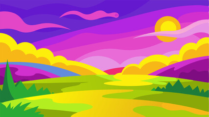 Obraz premium Vibrant patches of purple yellow and pink add a burst of energy to the tranquil green meadow.