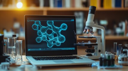 A modern laboratory setup with a laptop displaying molecular structure and a microscope, symbolizing research and innovation in science.