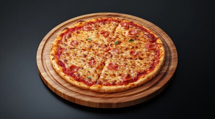 A delicious pepperoni pizza on a wooden board, with a black background.