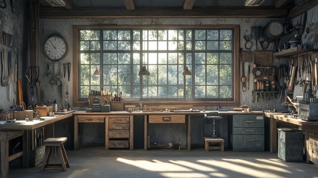 A well-equipped workshop with wooden workbenches, tools, and a large window overlooking a forest. Sunlight streams in through the window, illuminating the space.