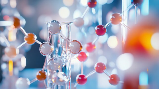 Abstract representation of molecular structures and chemical reactions with colorful molecules in a laboratory setting.