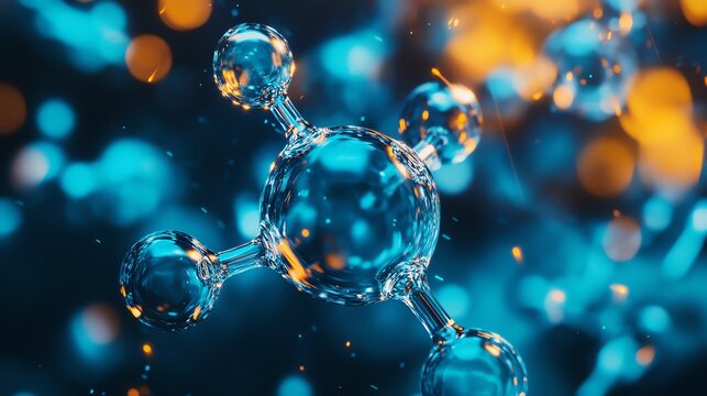 Close-up of a 3D molecular model with blue and orange light effects, symbolizing scientific innovation and discovery in chemistry. - Powered by Adobe