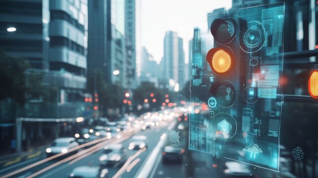 A futuristic smart traffic light control system, clean urban setting with advanced traffic light management and real-time adjustment tools, Urban style